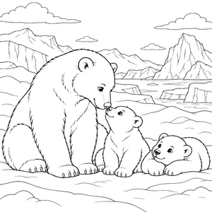 Sanfte Eisbärbabys bei der Mama Ausmalvorlage für kleine Naturfreunde