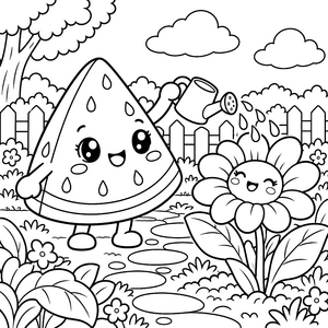 Fröhliche Kawaii Wassermelone mit Gießkanne Malvorlage für verträumte Hobbygärtner