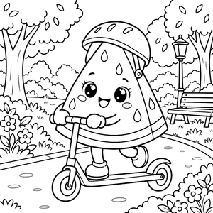Abenteuerliche Kawaii-Wassermelone auf Roller Ausmalvorlage für malfreudige Spürnasen