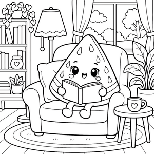 Entspannte Kawaii-Wassermelone beim Lesen Malvorlage für malfreudige Bücherwürmer