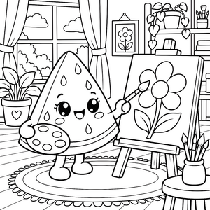 Kreative Kawaii Wassermelone mit Pinsel Ausmalbild für verträumte Bastler