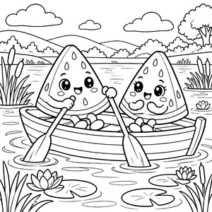 Verspielte Kawaii Wassermelonen im Boot Ausmalvorlage für verträumte Wasserratten