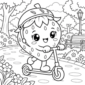 Abenteuerliche Kawaii-Erdbeere auf dem Roller Ausmalbild für neugierige Abenteurer