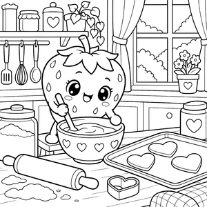 Fröhliche Kawaii-Erdbeere beim Backen Malbild für junge Hobbyköche