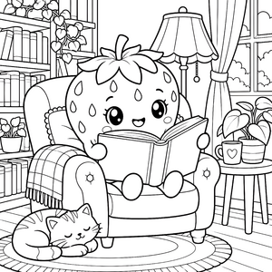 Gemütliche Kawaii-Erdbeere beim Lesen Ausmalvorlage für kreative Bücherwürmer