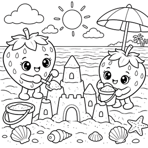 Fröhliche Kawaii-Erdbeeren an der Sandburg Ausmalvorlage für junge Strandkinder