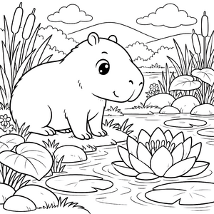 Ruhiges Capybara an einer Lotusblüte Malbild für Wasserratten