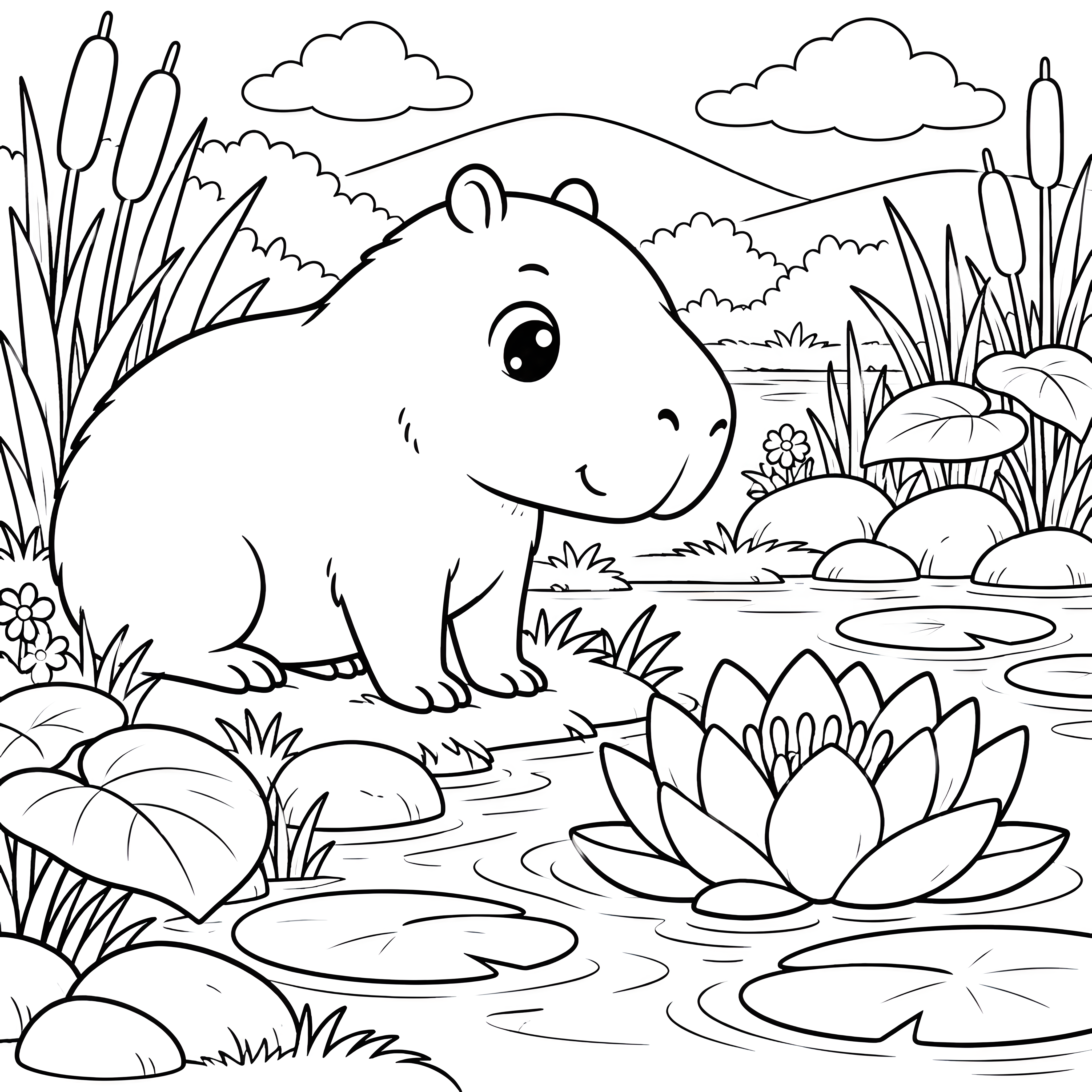 Ruhiges Capybara an einer Lotusblüte Malbild für Wasserratten