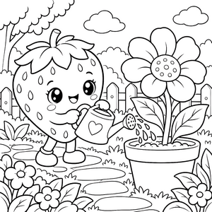 Fröhliche Kawaii-Erdbeere mit Gießkanne Malbild für neugierige Hobbygärtner