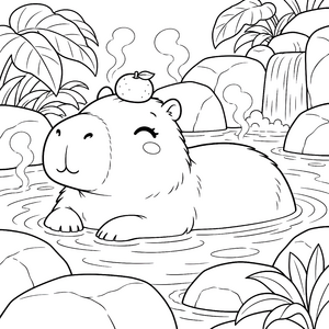 Entspanntes Capybara mit Obst im heißen Onsen Ausmalbild für kreative Badegäste