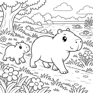 Freundliches Capybara mit Baby auf Blumenwiese Malvorlage für Tierfreunde