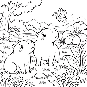 Verspielte Capybaras mit Schmetterlings-Malvorlage für kleine Naturfreunde