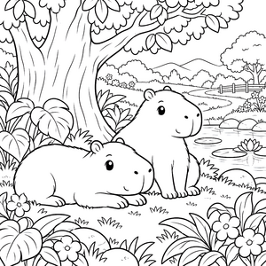 Gemütliche Capybaras unter einem Baum Ausmalbild für Abenteurer