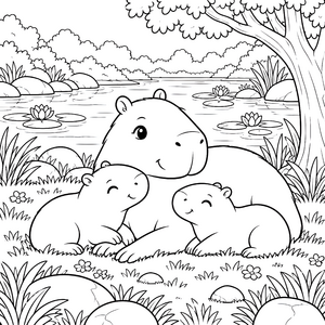 Sanfte Capybaras am Seeufer Malvorlage für verträumte Bastler