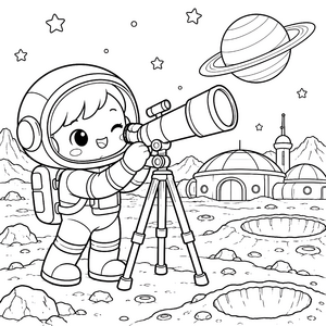 Neugieriger Kawaii-Astronaut mit Teleskop Ausmalbild für fröhliche Sterngucker