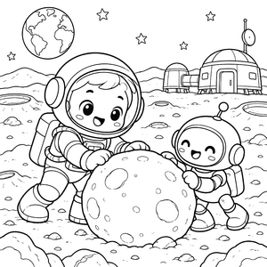 Fröhliche Kawaii-Astronauten mit Mondkugel Ausmalvorlage für kleine Spürnasen