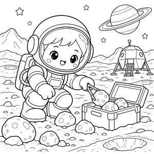 Stolzer Kawaii-Astronaut mit Planetenkiste Malbild für fröhliche Abenteurer