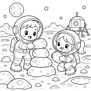 Verspielte Kawaii-Astronauten beim Steine stapeln Ausmalvorlage für kleine Tüftler