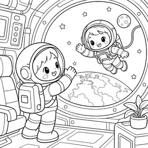 Heiterer Kawaii-Astronaut am Weltraumfenster Ausmalvorlage für fröhliche Sternenfahrer
