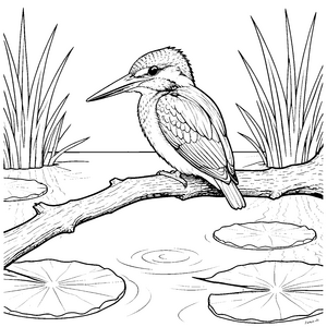 Wachsamer Eisvogel auf Baumstamm Ausmalbild für verträumte Naturfreunde