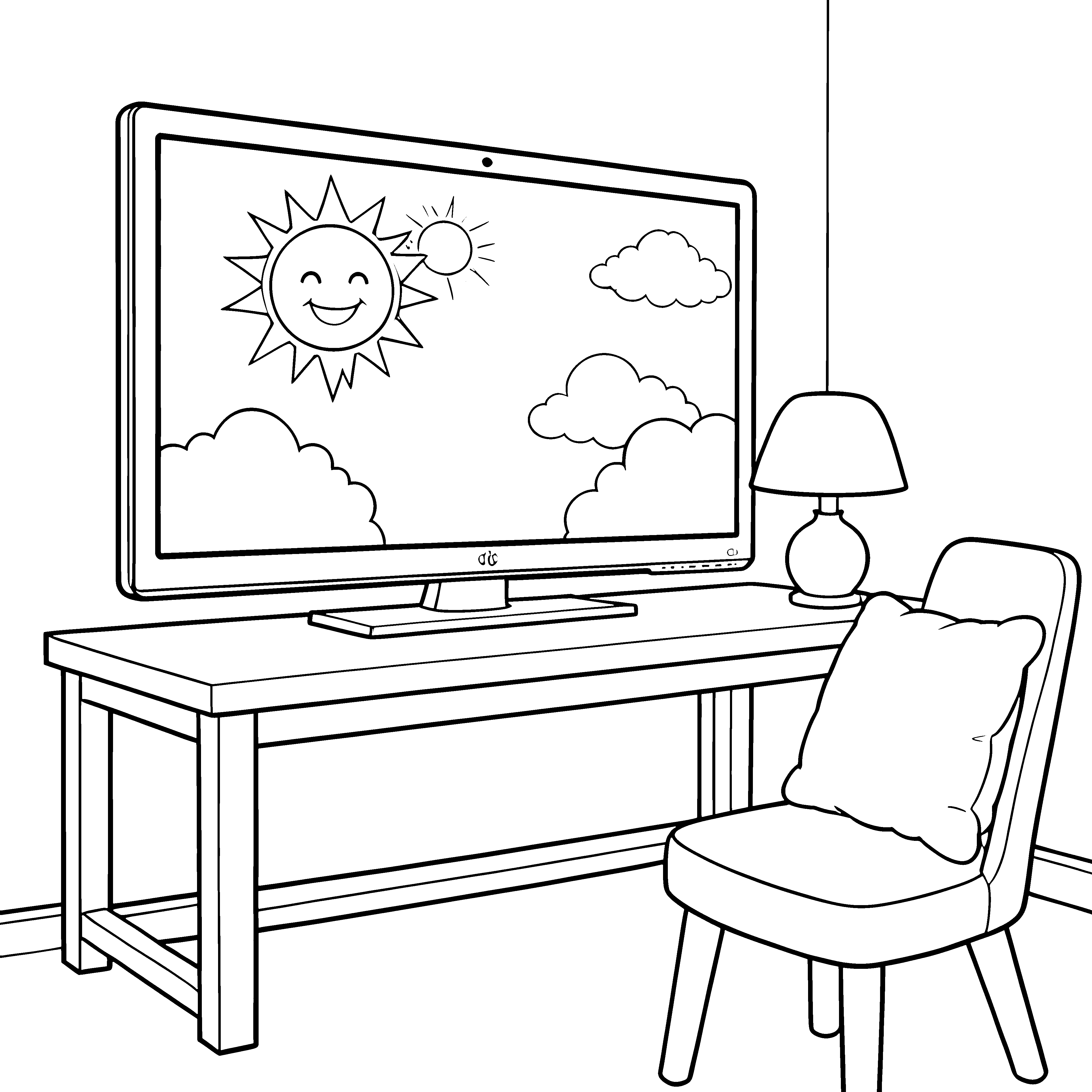 Gemütlicher Fernseher auf Schreibtisch Malvorlage für neugierige Technikfans