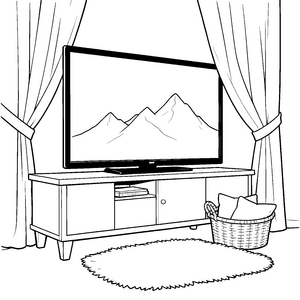 Gemütlicher Fernseher auf Schrank mit Korb Ausmalvorlage für Technikfans