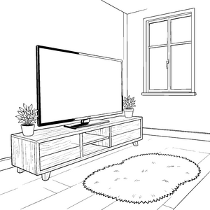Moderner Fernseher auf Holzschrank Malbild für Technikfreunde