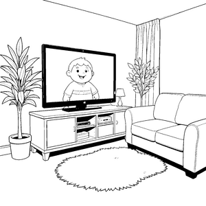 Fröhlicher Fernseher mit Kindesgesicht Ausmalbild für kreative Technikfans