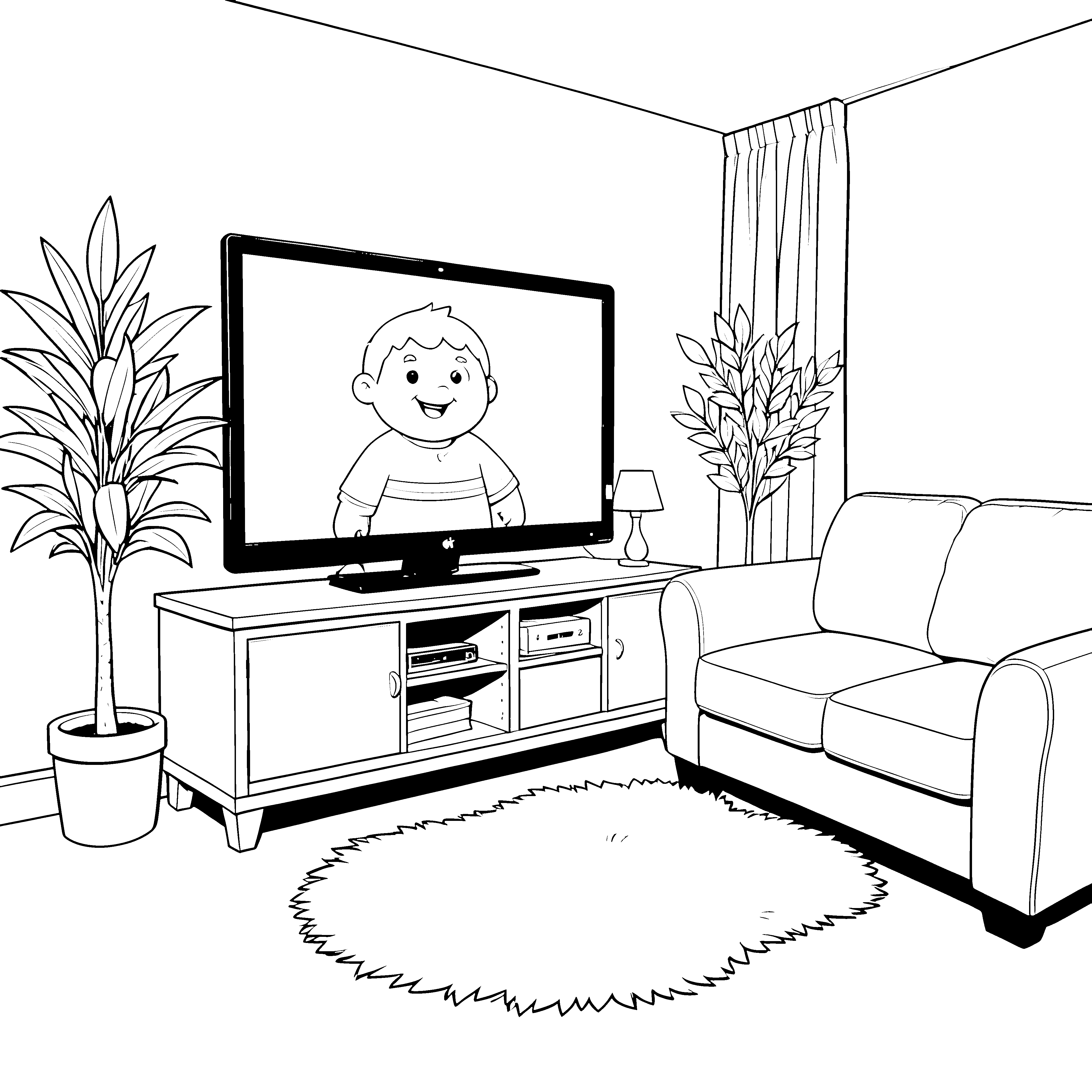 Fröhlicher Fernseher mit Kindesgesicht Ausmalbild für kreative Technikfans