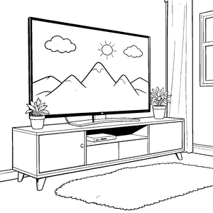 Moderner Fernseher mit Bergpanorama Ausmalbild für junge Abenteurer