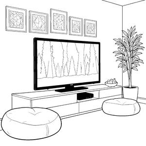 Gemütlicher Fernseher mit Wohnzimmerpflanze Ausmalvorlage für fröhliche Wohnzimmerfans