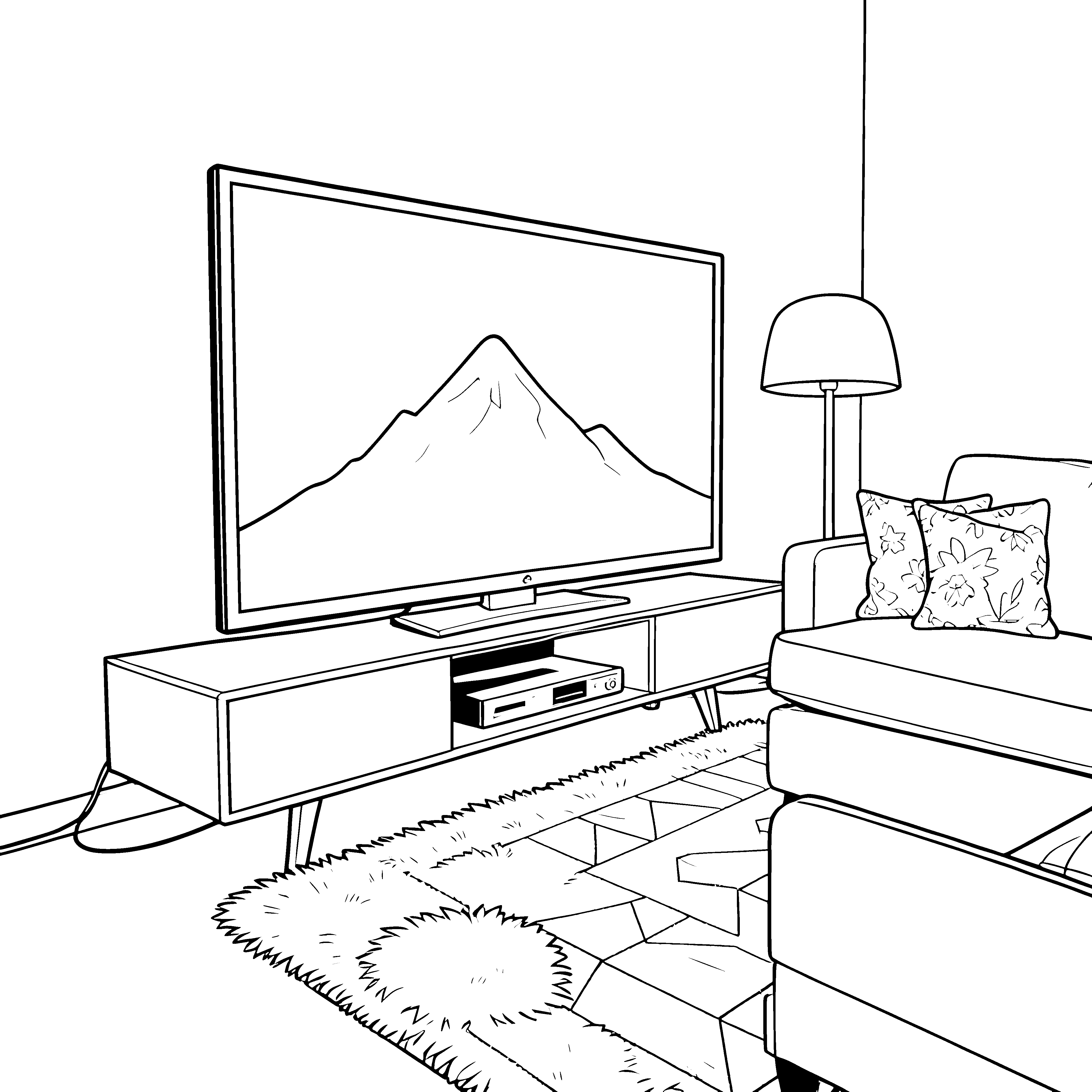 Stiller Fernseher mit Bergpanorama Malvorlage für kleine Entdecker
