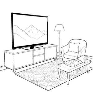 Gemütlicher Fernseher mit Bergpanorama Ausmalvorlage für kleine Wohnzimmerfans