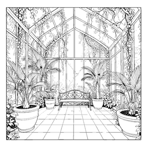 Gemütlicher Wintergarten mit Schmiedeeisenbank Malbild für kleine Hobbygärtner