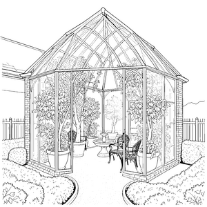 Heimeliger Wintergarten mit Tisch und Stühlen Ausmalbild für fröhliche Pflanzenfreunde