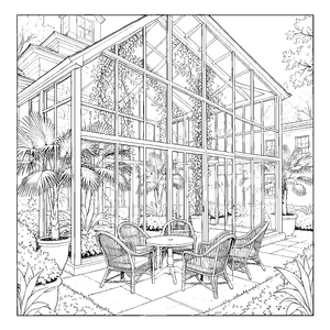 Gemütlicher Wintergarten mit Korbsesseln und Palmen Malvorlage für kleine Abenteurer
