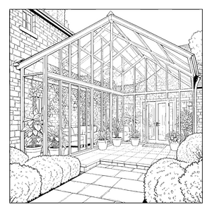 Heller Wintergarten mit Glasdach und Palmen Ausmalvorlage für neugierige Weltenbummler