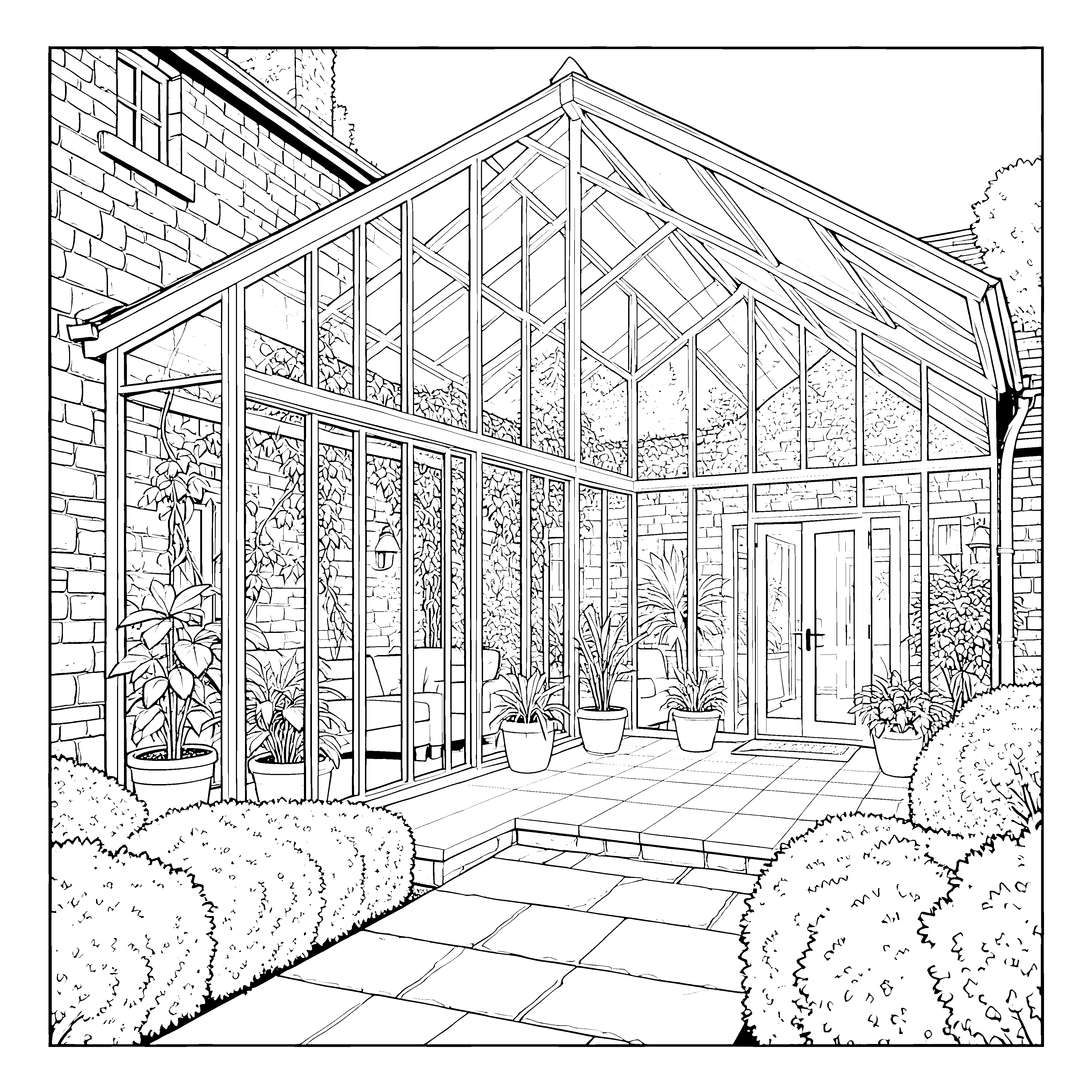 Heller Wintergarten mit Glasdach und Palmen Ausmalvorlage für neugierige Weltenbummler