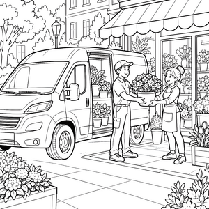 Freundlicher Lieferwagen mit Blumen Ausmalvorlage für fröhliche Gärtner