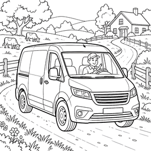 Fröhlicher Lieferwagen auf dem Landweg Ausmalbild für kreative Autofans