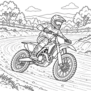 Kraftvoller Motocross-Fahrer auf staubiger Piste Ausmalvorlage für malfreudige Weltenbummler