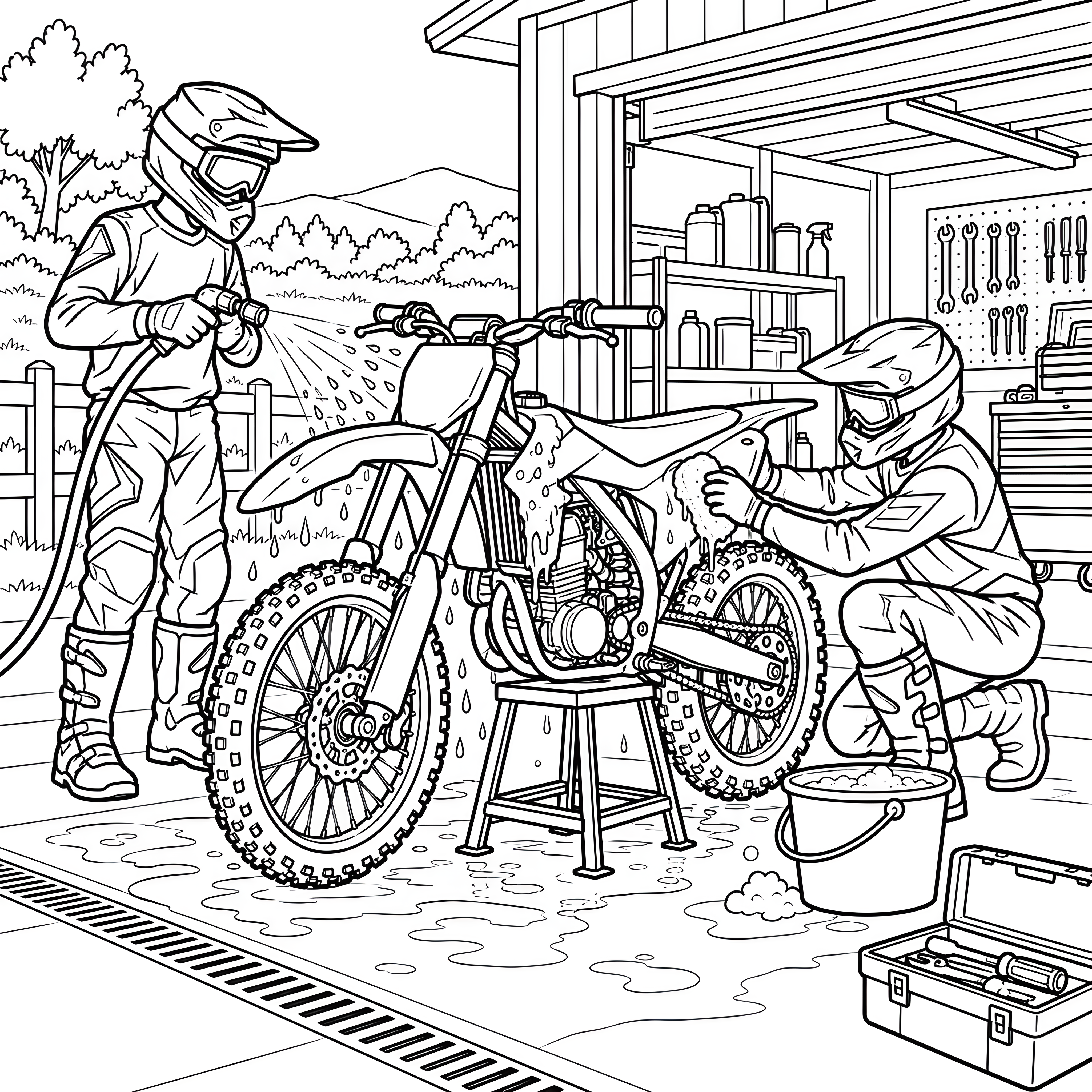 Fleißige Motocross-Pflege in der Garage Ausmalbild für kreative Tüftler