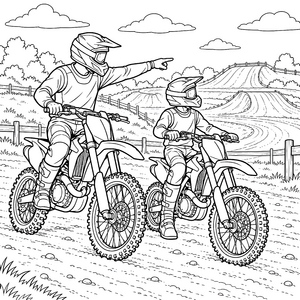 Stolzer Motocross-Fahrer mit Kind Malbild für Rennfans