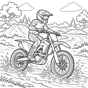 Waghalsiger Motocross-Fahrer durch Matschlöcher Ausmalvorlage für kleine Rennbegeisterte