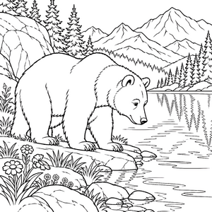 Sanfter Braunbär am Bergsee Ausmalvorlage für kreative Weltenbummler