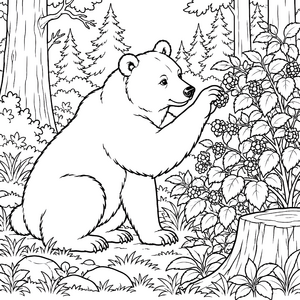 Hungriger Braunbär an der Beerenhecke Ausmalbild für kreative Waldläufer