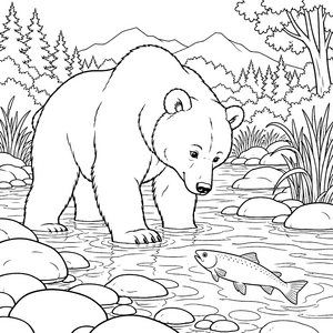 Konzentrierter Braunbär beim Fischen Malbild für kleine Naturfreunde