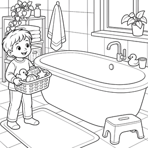 Fröhlicher Junge mit Spielzeugkorb Ausmalbild für mutige Wasserratten