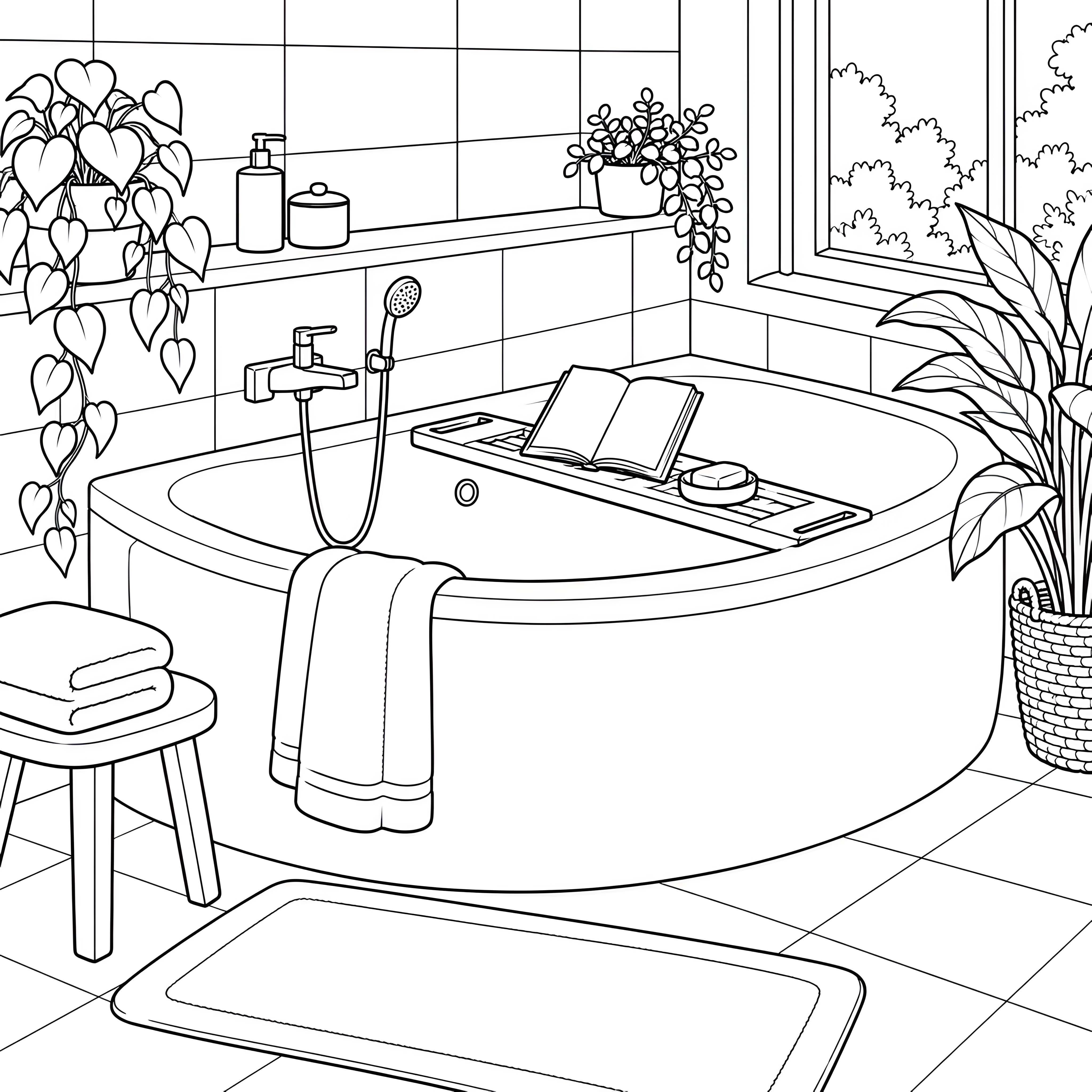 Entspannte Badewanne mit Buch Malvorlage für kleine Weltenbummler