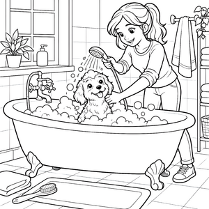 Liebevolle Badewanne mit Hund und Mädchen Malvorlage für verträumte Tierfreunde